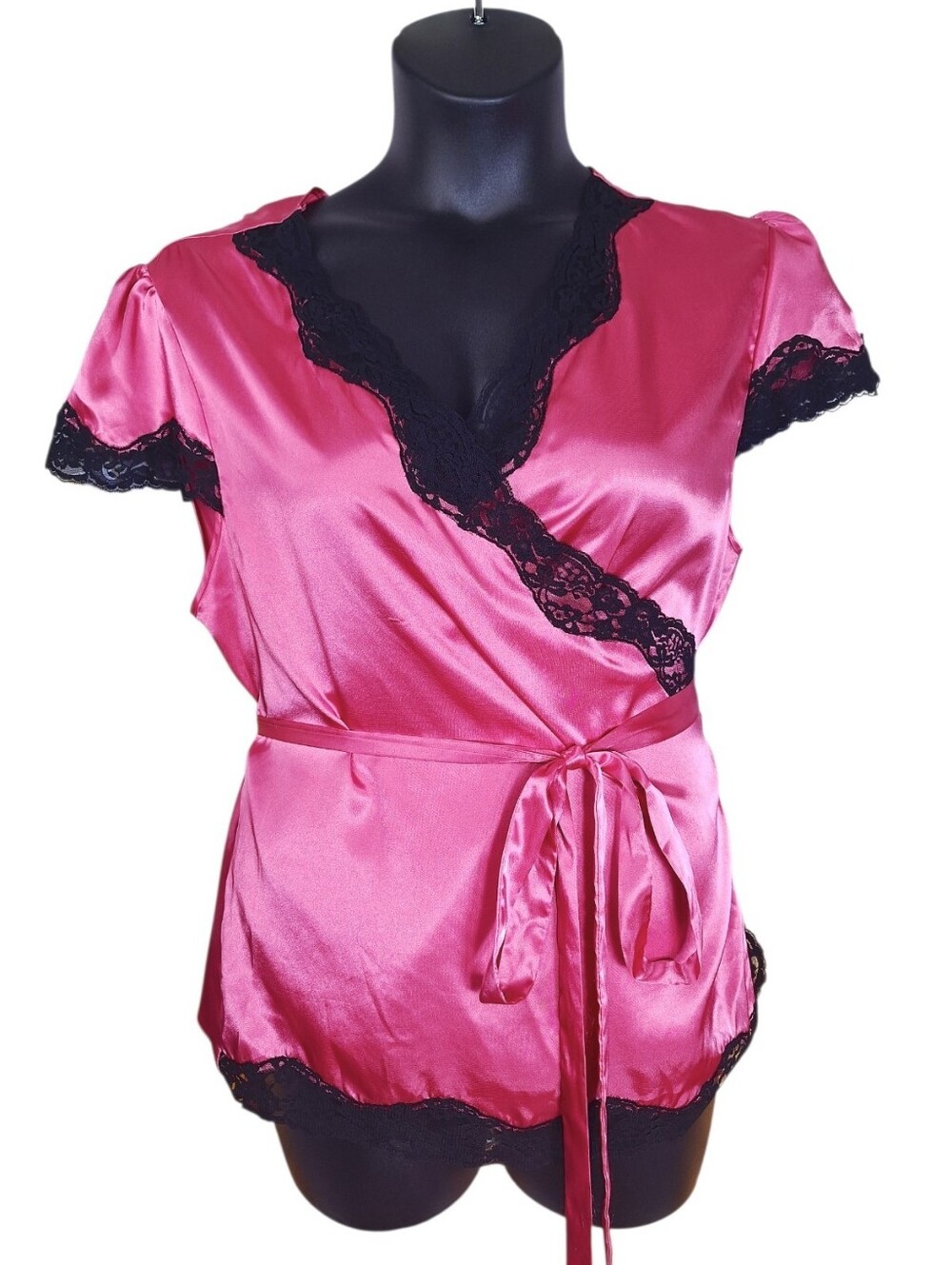 Fredericks of Hollywood Plus Size 1X Pink Black Lace Wrap Babydoll Top Coquette